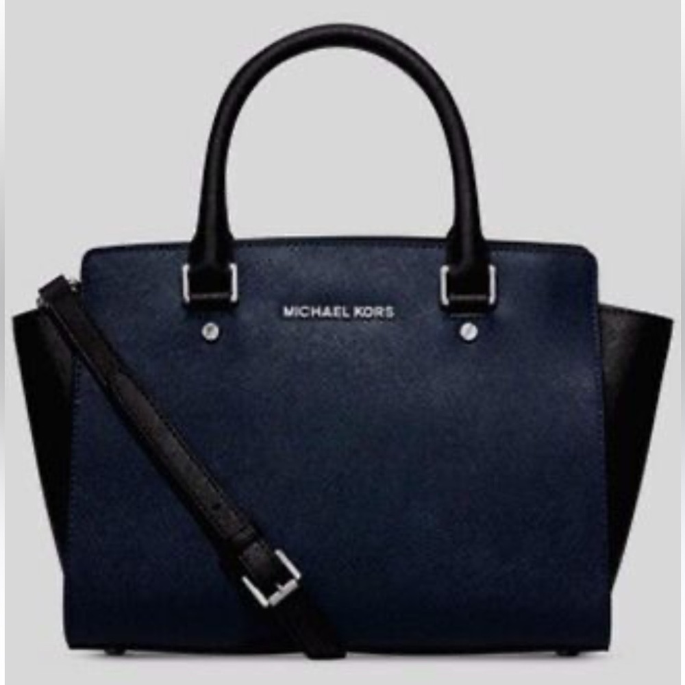 New michael kors Selma saffiano leather colorblock navy black side tote G5